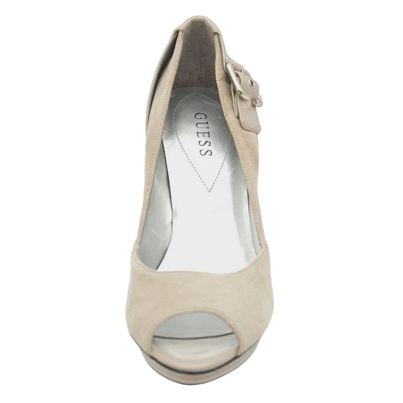 Guess MARISKA Open Toe Suede Platform Pump Heel Shoe Sandal Stone 9.5 New - Picture 3 of 6